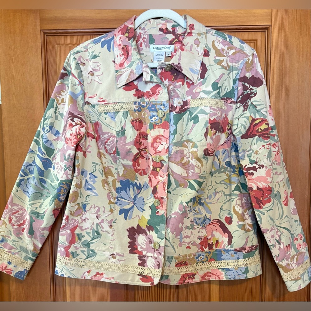Coldwater Creek Multicolor Floral Cotton Twill Jacket w Crochet Embellishment - Picture 10 of 12
